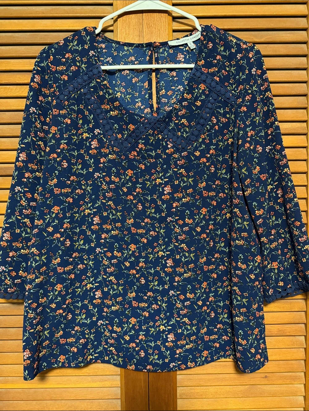 Collective Concepts Navy Floral Lace-Trim V-Neck Blouse